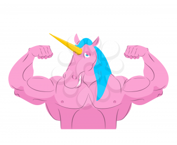 Unicorn Strong athlete. Magic pet bodybuilder with huge muscles. Bodybuilder with big biceps. Sports team mascot
