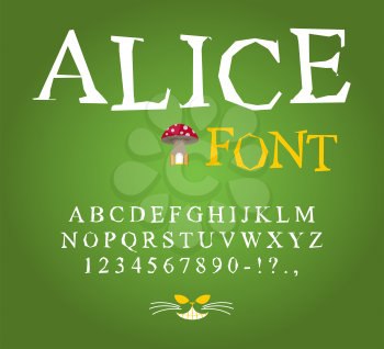 Alice in Wonderland font. Fairy ABC. mad Alphabet  Cheshire Cat. Set of letters. Magical beast with long striped tail
