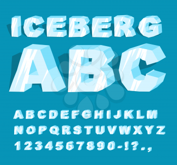 Iceberg font. Ice alphabet. Set of letters from cold ice. Frosty ABC. Blue transparent letters
