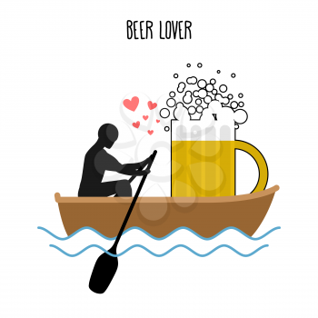 Beer lover. Man and beer mugs and ride in boat. Lovers of sailing. Man rolls meal on gondola. Rendezvous with a drink in boat on  pond. Romantic illustration alcohol
