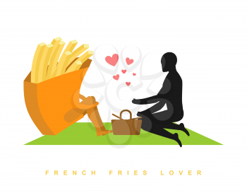 lover french fries. Fast food at picnic. Rendezvous in Park. Fastfood and people. Rural jaunt in love with  eating. Meal in nature. Plaid and basket for feed on lawn. Romantic meal illustration