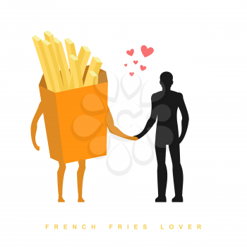 Lover french fries. In love with food. Man and fastfood. Lovers holding hands. Romantic illustration meat
