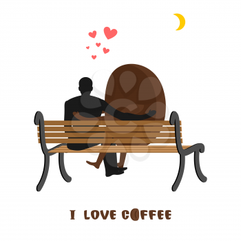 coffee lovers. Coffee beans and man looking at moon. Date night. Lovers sit on bench. Month in night dark sky. Romantic illustration food
