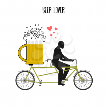 Beer lover. Beer mug on bicycle. Lovers of cycling tandem. Romantic date. Romantic illustration alcohol
