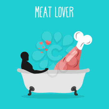Meat lovers. Love for ham. Pork and man in bath. Man and gammon washed in bath. Joint bathing. Passion feelings among lovers. Romantic illustration of jamon
