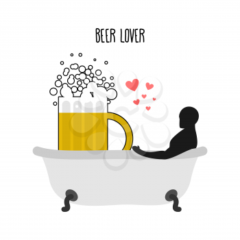 Beer lover. Beer mug and man in bath. Joint bathing. Passion feelings among lovers. Romantic illustration alcohol