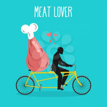 Meat lovers. Ham on bicycle. Lovers of cycling. Man rolls pork on tandem. Joint walk with hind quarter. Romantic date. Romantic illustration of jamon
