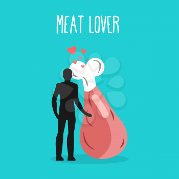 Meat lovers. Infatuated with pork ham. Man and beef. Lovers holding hands. Romantic illustration of jamon
