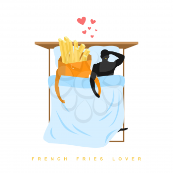 Lover french fries. I love food. Fastfood and man. Food lovers in bed top view. Man and meat lie in bed. Smoking after sex. Pillow and blanket. Smoking cigarette after making love. Romantic illustrati