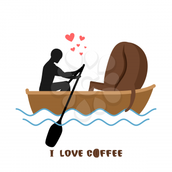 coffee lovers. Man and coffee beans  ride in boat. Lovers of sailing. Man rolls meal on gondola. Appointment of food in boat on pond. Romantic illustration food
