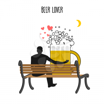 Beer lover. Beer mug and watch people on moon. Date night. Lovers sit on bench. Month in  night dark sky. Romantic illustration alcohol
