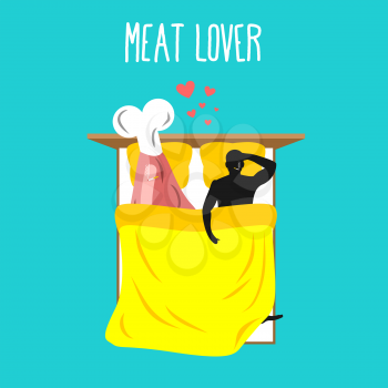 Meat lovers. Love for ham. Pork and man. Food lovers in bed top view. Man and beef lie in bed. Smoking after sex. Pillow and blanket. Smoking cigarette after making love. Romantic illustration of jamo