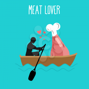 Meat lovers. Man and ham and ride in boat. Lovers of sailing. Man rolls ham on a gondola. Rendezvous pork in boat on pond. Romantic illustration of jamon
