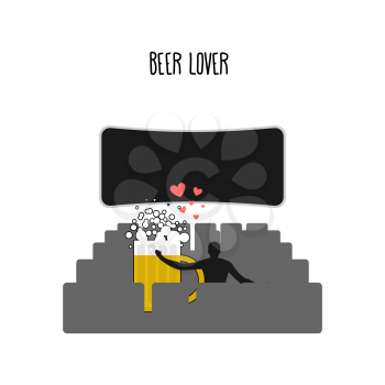 Beer lover. Beer mug in movie theater. Places for kisses on  last row. Lovers watching a movie. Romantic illustration alcohol
