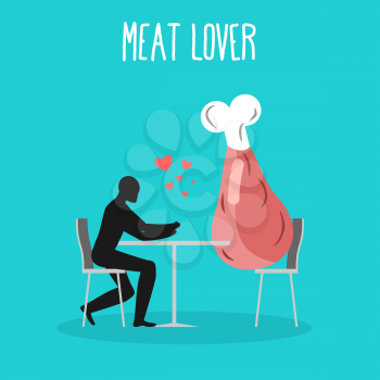 Meat lovers. Lover in cafe. Man and ham sits at table. hind quarter in restaurant. Pork in dining room. Romantic date in public place. Romantic illustration of jamon
