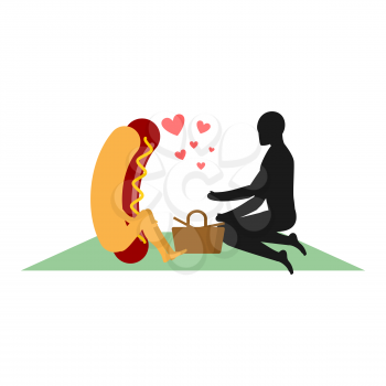 Hot dog on picnic. date in Park. Fast food and people. Rural jaunt in love with food. Meal in nature. Plaid and basket for food on lawn. Man and  muffin with sausage. Romantic meal illustration
