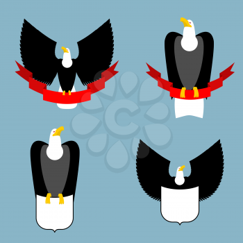 Eagle and red ribbon set. Black bird predator. Hawk and shield. Collection for emblem and emblems for sports teams. Space for text
