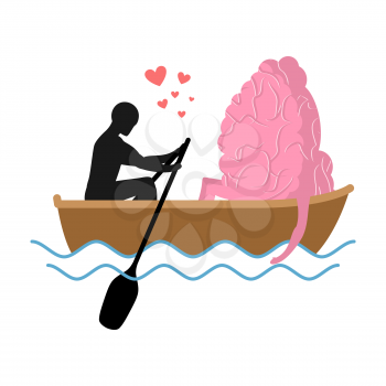 Man and brain and ride in boat. Lovers of sailing. Man rolls central organ of nervous system in ondola. Rendezvous in boat on pond. Romantic illustration for valentines day