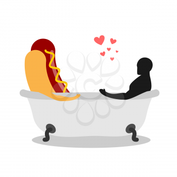 I love food. Hot dog and lover in bath. Man and fast food is taking bath. Joint bathing. Passion feelings among lovers. Romantic illustration with food wash
