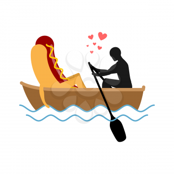 Man and hot dog in boat ride. Lovers of sailing. Man rolls fast food on gondola. Appointment of food in boat on pond. Romantic meal illustration
