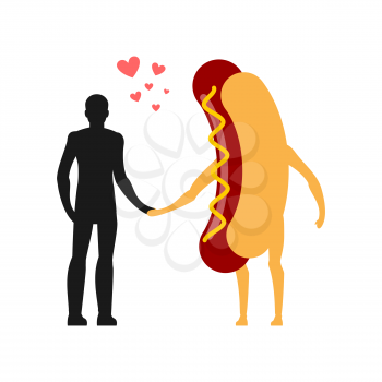 Enamored in hot dog man. Man and fast food. Lovers holding hands. Romantic meal illustration