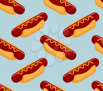 Hot dog isometrics background. Fast food seamless pattern. Sausage and bun with mustard ornament. Food texture
