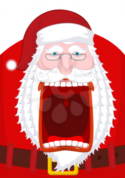 Angry Santa Claus shouts. Scary grandfather yelling. Crazy Santa Shout. Open mouth and teeth. Red lips. Xmas template design. aggressive old man
