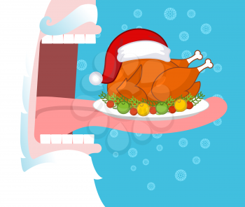 Santa eating Christmas turkey. Open mouth and teeth. Long tongue. Food for holiday. fowl Santas red hat

