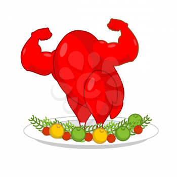 Red rooster strong on plate with vegetables. Red cock Symbol of new year. Powerful baked turkey with big biceps. Game bodybuilder. Fitness food for holiday. Sports fried chicken