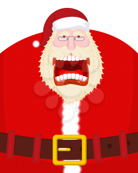 Crazy Santa Shout and belt. Scary grandfather yelling. Open mouth and teeth. Angry Santa Claus shouts. Red lips. Xmas template design. aggressive old man
