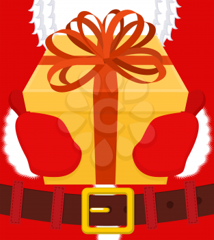Santa gives gift for Christmas. Box with bow. Red ribbon and yellow case. holiday Illustration for new year. Xmas design template