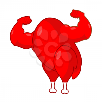 Red rooster strong. Red cock Symbol of new year. Powerful baked turkey with big biceps. Game bodybuilder. Fitness food for holiday. Sports fried chicken
