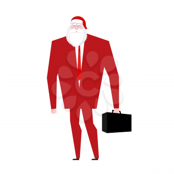 Boss Santa Claus False beard and red cap. Businessman in festive mask. Man in business suit with suitcase. Christmas in office. corporate New Year at work

