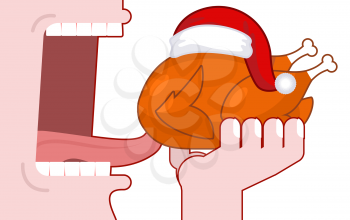 Eat Christmas turkey in Santa cap. Open mouth to make festive chicken. Teeth and tongue. New Year food
