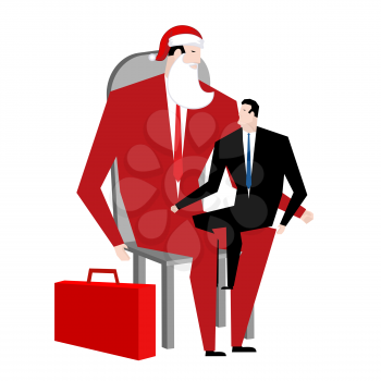 Office Christmas. Manager sitting on lap of boss. Santa Claus congratulates employee. Congratulations workers. Celebration at work. Corporate new year.
