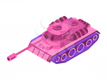 Toy Pink Tank Isometric on white background. Military machine clockwork plaything rose tank. Female unusual military equipment. Army car for blondes