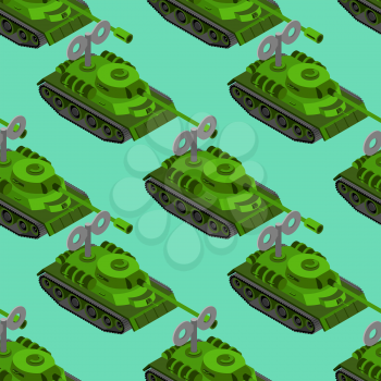 Toy Tank isometric seamless pattern. Military vehicle toy clockwork background. Army machinery background
