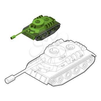 Tank coloring book. Army equipment in linear style. Armored fighting vehicles, tracked with gun and machine gun
