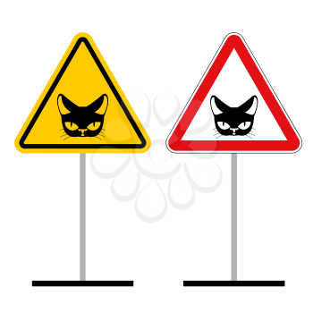 Warning sign attention cat. Hazard yellow signpet. head of Cat on red triangle. Set of Road signs and cat head
