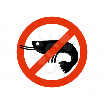 Stop shrimp. Banned deep-water plankton. Frozen shrimp silhouette. Emblem against a marine animal. Red forbidding character. Ban shrimp on white background
