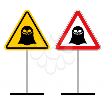 Warning sign attention ghost. Hazard yellow sign supernatural creature. Ghost on red triangle. Set of Road signs of mythical creatures

