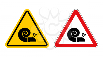 Snail warning sign of attention. Slow motion on road. Insect Hazard yellow sign. Red triangle slug. Set of Road signs of Slow moving shellfish
