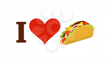 I love taco. Heart and traditional Mexican food. Tortilla chips and onion. Tomato and fresh meat. Logo for fastfood lovers
