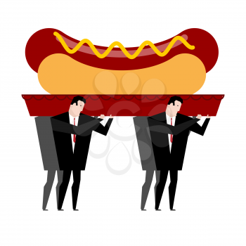 Funeral hot dog. Fast food is carried in coffin. burial of junk food. Illustration for healthy diet
