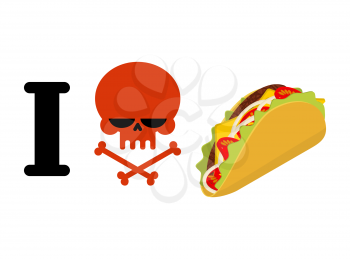 I hate taco. Skull symbol of hatred and traditional Mexican food. Tortilla chips and onion. Tomato and fresh meat. Logo for unfriendliness of spicy food

