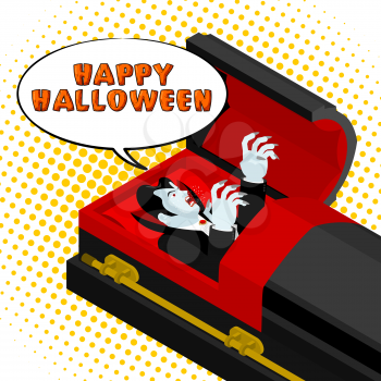 Happy Halloween Dracula screams from grave. Vampire in an open coffin. Illustration for terrible holiday
