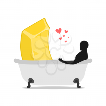 Lover gold. Love of wealth. Golden bullion and man in bath. Joint bathing. Passion feelings among lovers. Romantic illustration

