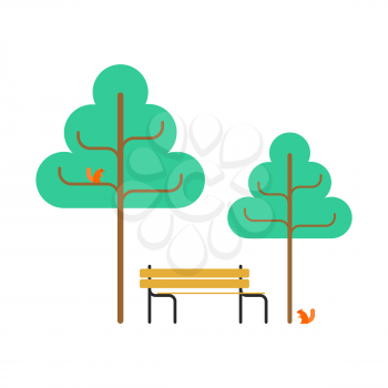 Park Bench and squirrel. Trees Square object