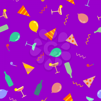 Party pattern. Celebratory cap and Party horn. balloon and bottle of alcohol. Holiday background
