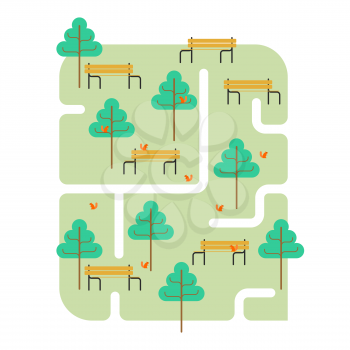 Park map. Path and tree. Bench and squirrel. Square landscape
